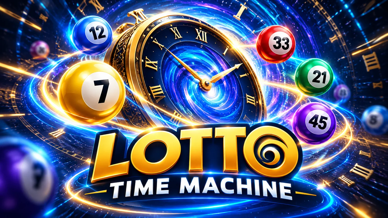 Lotto Time Machine: an ornate clock and colourful numbered lottery balls travelling through a glowing time vortex